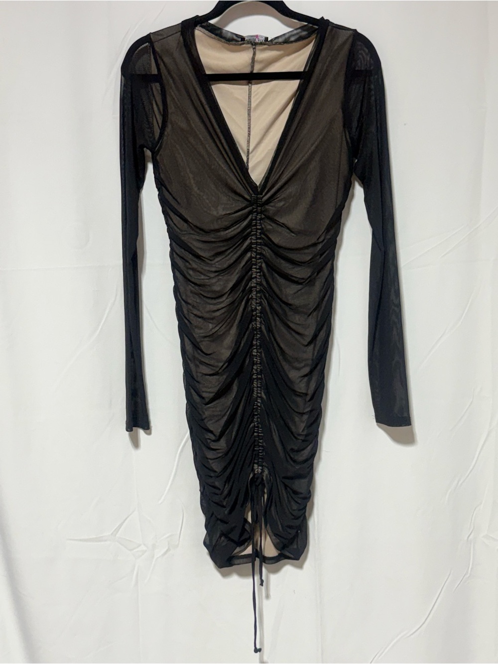 Fashion Nova Black Sheer Ruched Long-Sleeve Dress